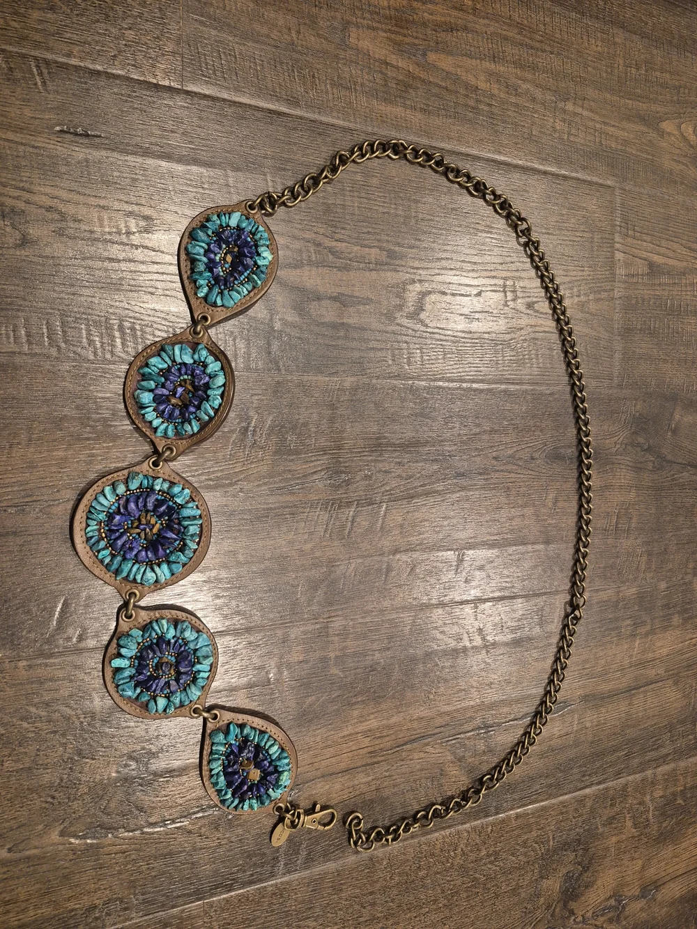 Chico’s Statement Chain Belt Turquoise Blue Beaded Medallion Boho Southwestern